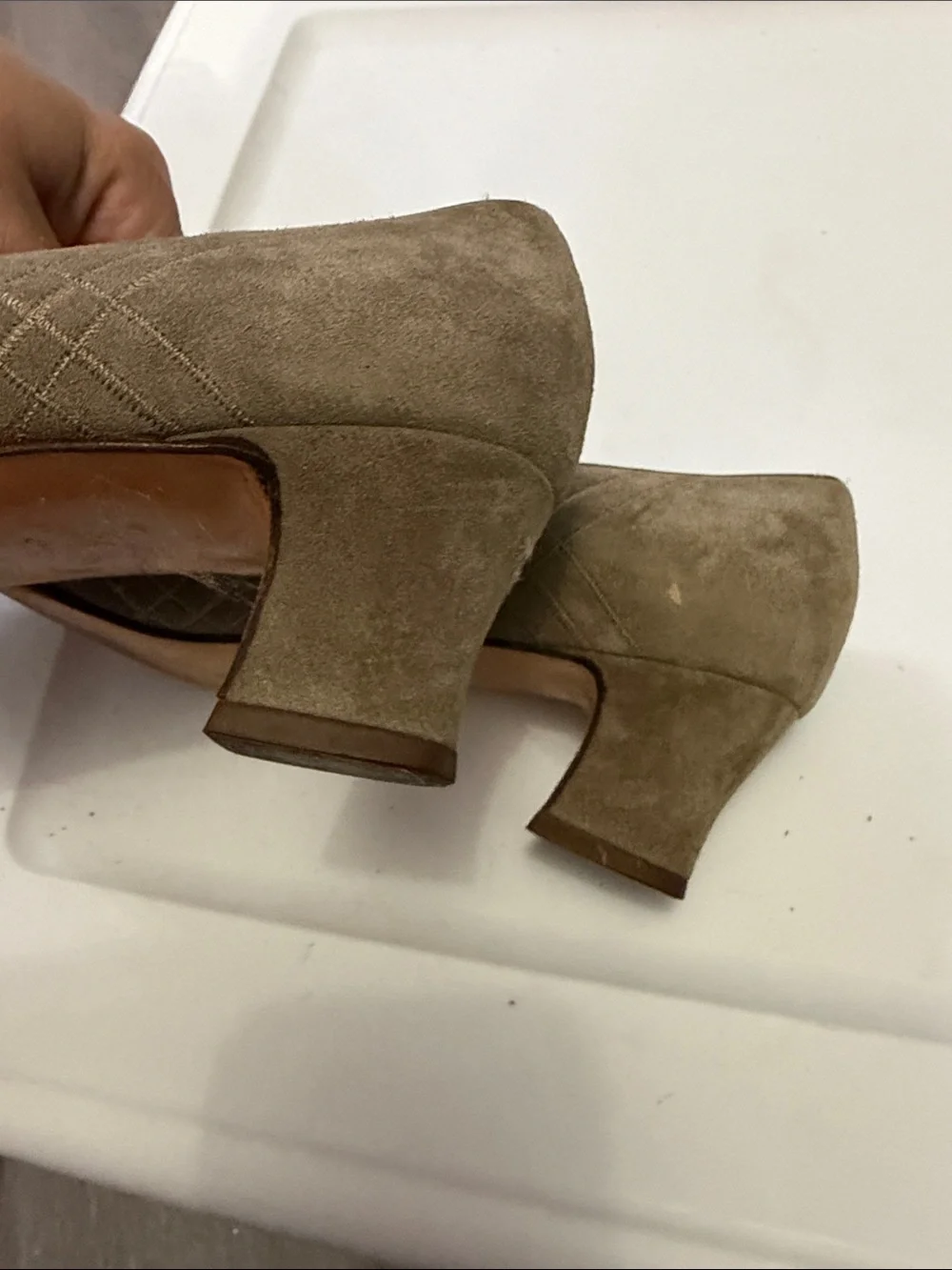Salvatore Ferragamo Taupe Suede Quilted Pointed Square Heels Size 10AA Vintage